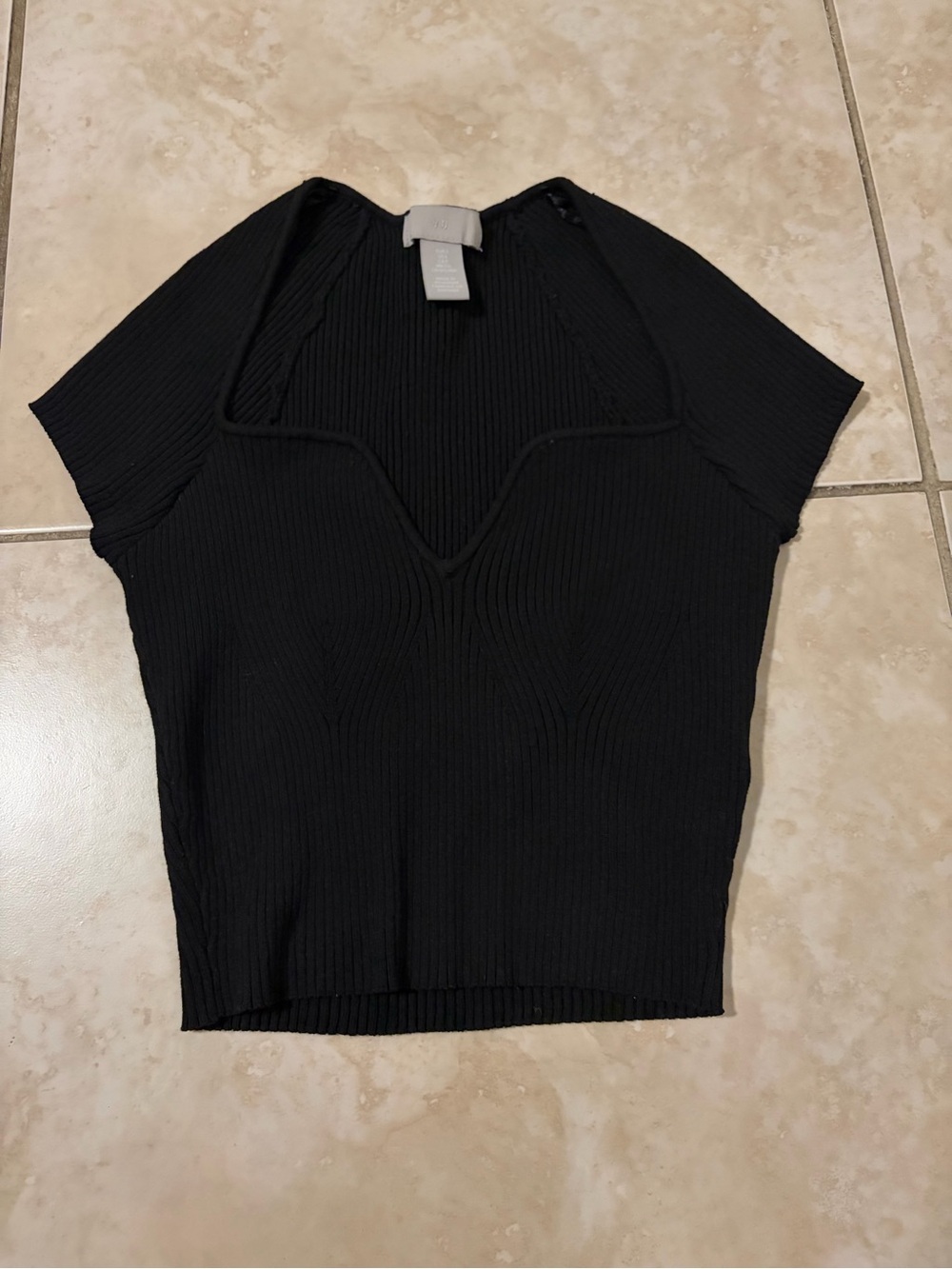 Black Ribbed Short-Sleeve Knit Top